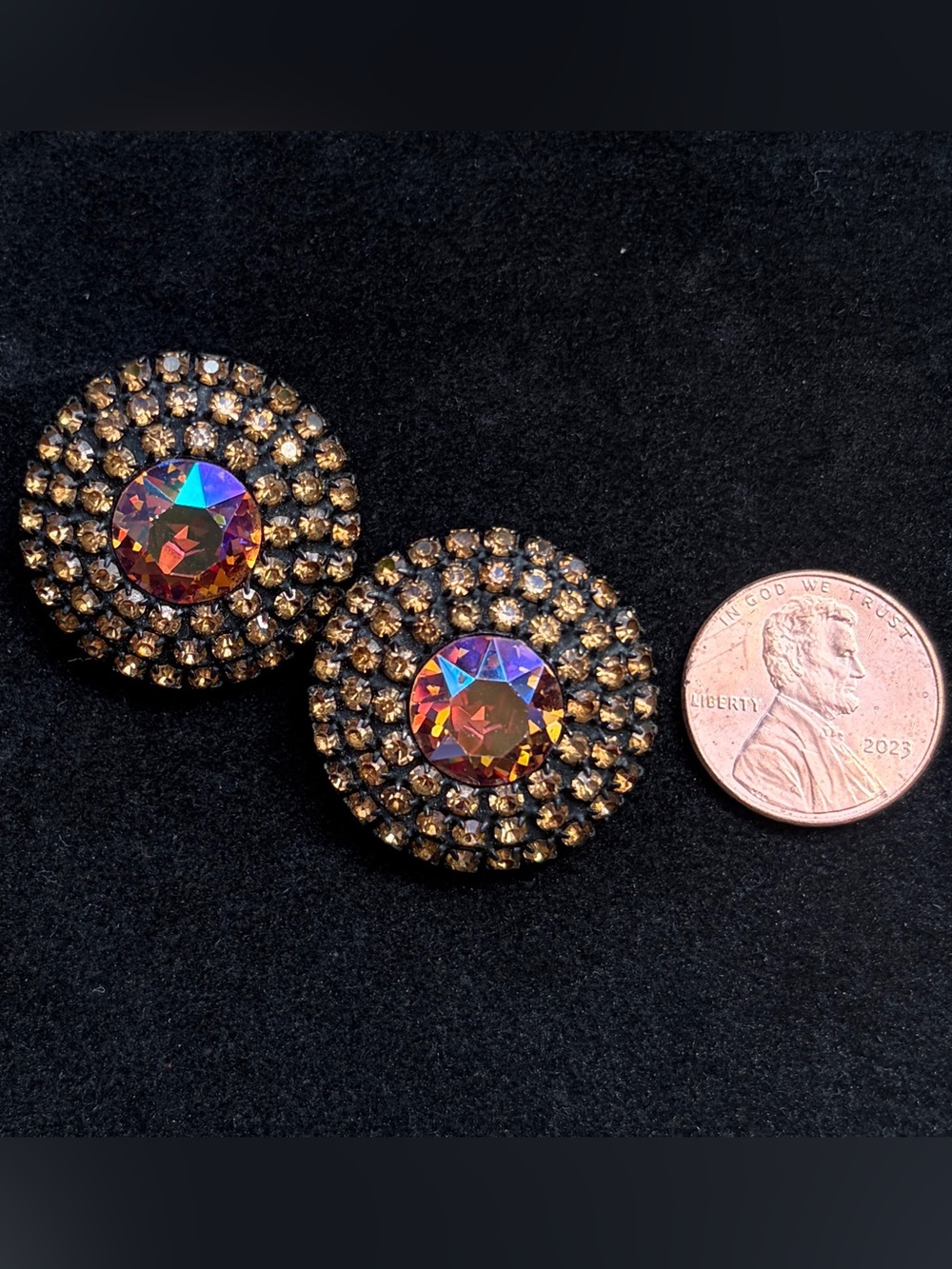 Albert Weiss Aurora Borealis Crystal and Amber Rhinestone Earrings - Picture 2 of 9